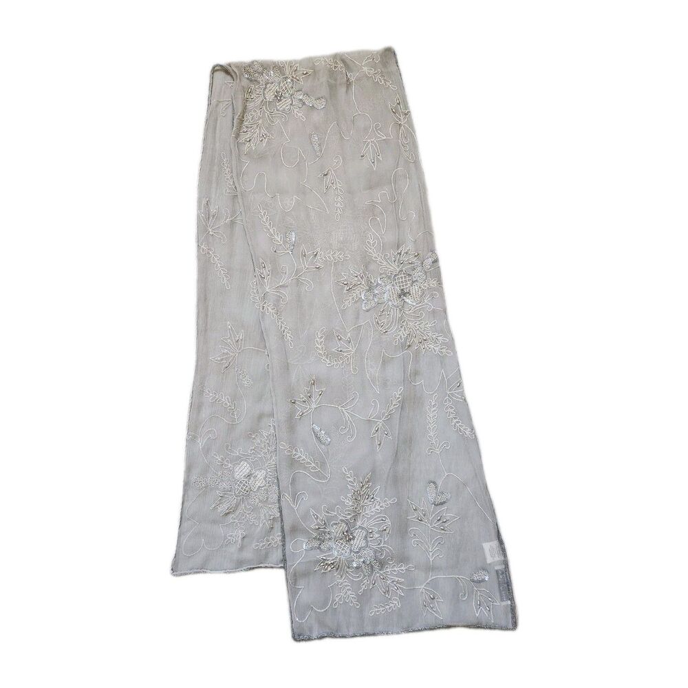 VTG Harrison Morgan 100% Silk Embroidered Beaded Floral Scarf Wrap Gray EUC